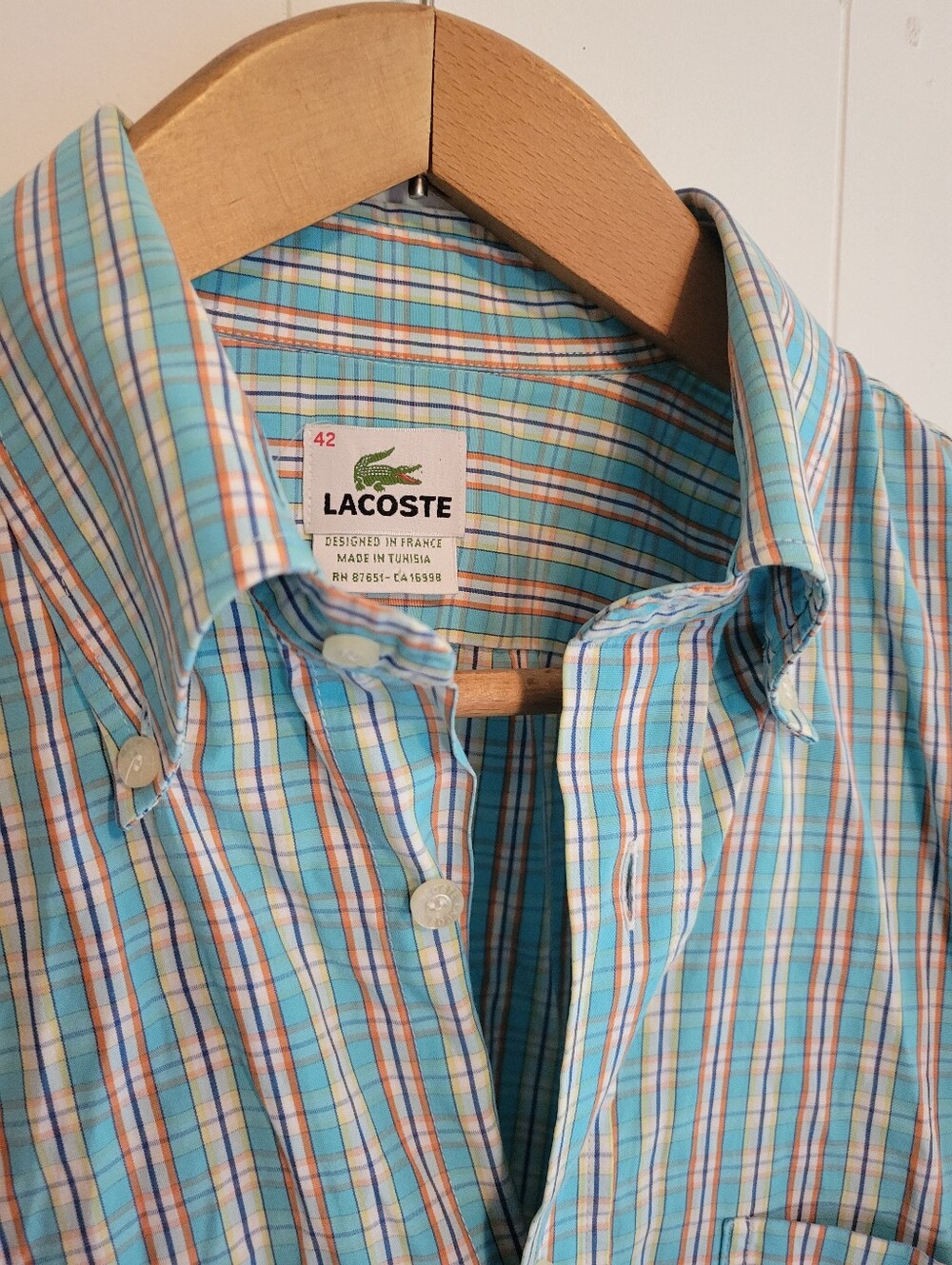 Lacoste 100% Cotton Teal Blue Yellow Plaid Button Down Long Sleeve Shirt Size L - Picture 12 of 16